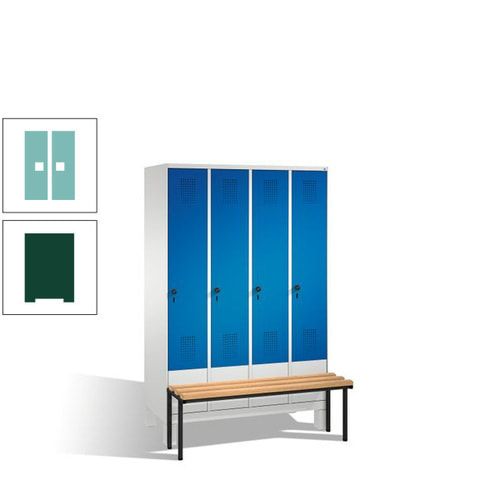 Stahl-Garderobenschrank, Spind, Buche Sitzbank vorgebaut, 4 Abteile a 300 mm, Korpus Lichtgrün, Tür Schwefelgelb, 1.850 x 1.200 x 815 mm (HxBxT)