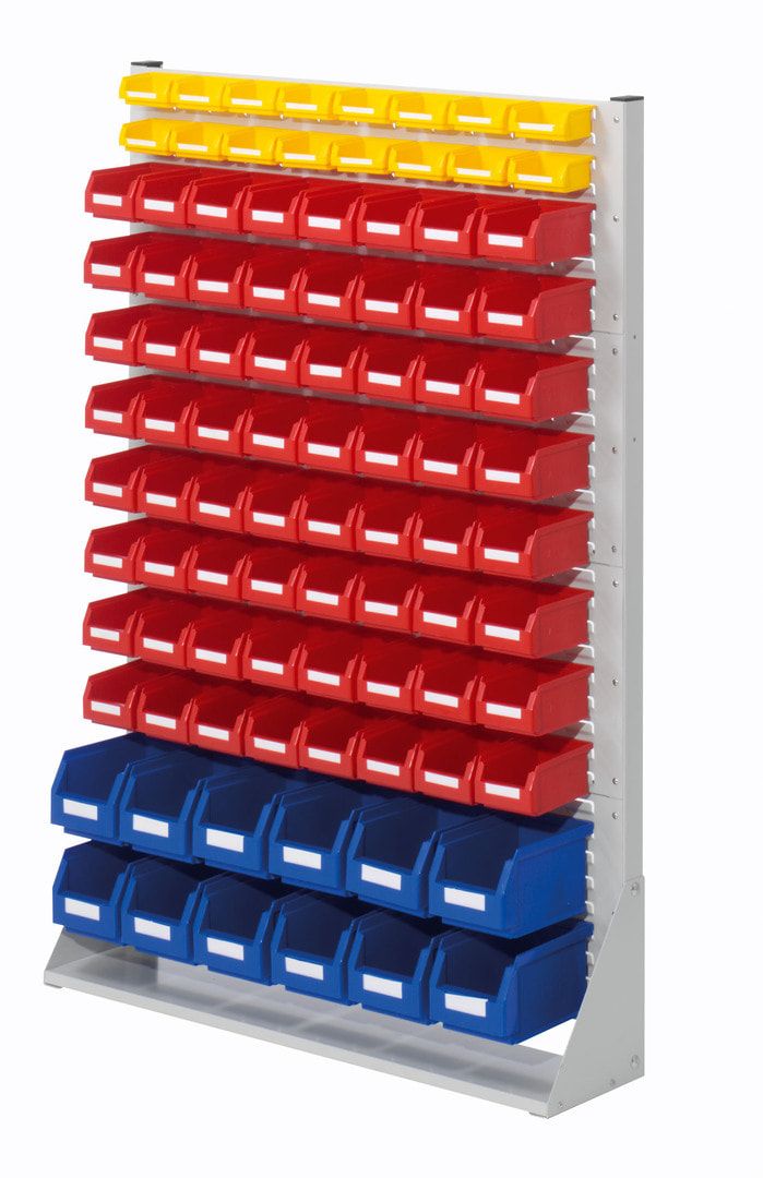 Stationäre Regalwand - Schlitzwand für Sichtlagerkästen - einseitig - mit 54 Kästen bestückt - 1.450 x 1.000 x 240 mm (HxBxT)