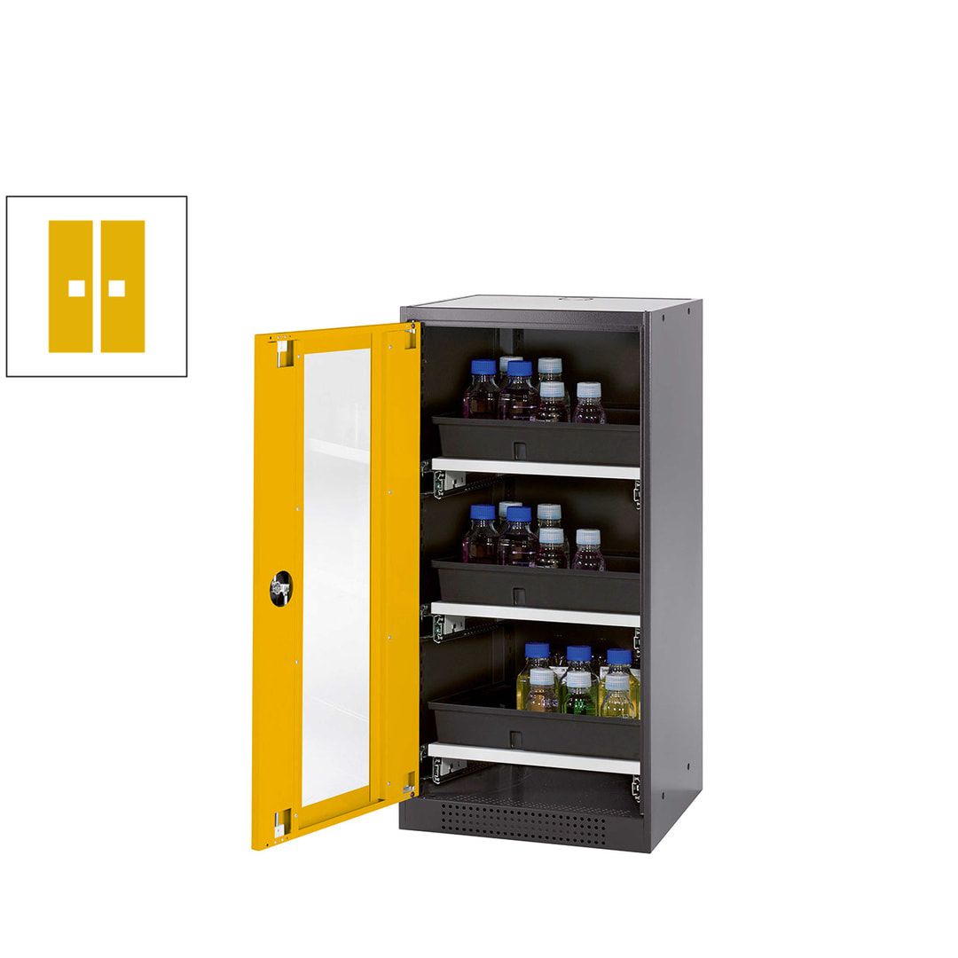 Chemikalienschrank - Flügeltür - Türanschlag links - 2 Tablarauszüge - 1.105 x 545 x 520 mm (HxBxT) - anthrazitgrau/enzianblau