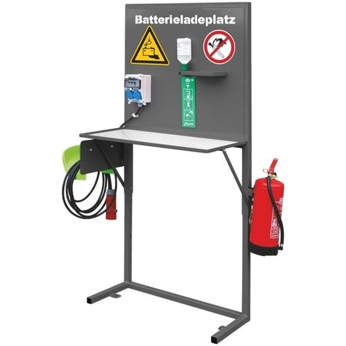 Eichinger Batterieladeplatz, Augenspülflasche, Fehlerstrom-Schutzeinrichtung, 2 Schuko-Steckdosen, pulverbeschichtet, Farbe anthrazitgrau (RAL 7016)