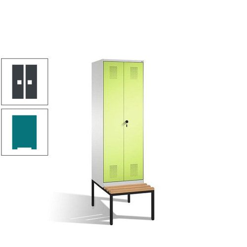 Doppel-Spind, Garderobenschrank, Buche Sitzbank untergebaut, 2 Abteile a 300 mm, Korpus anthrazitgrau, Tür anthrazitgrau, 2.090 x 600 x 815 mm (HxBxT)
