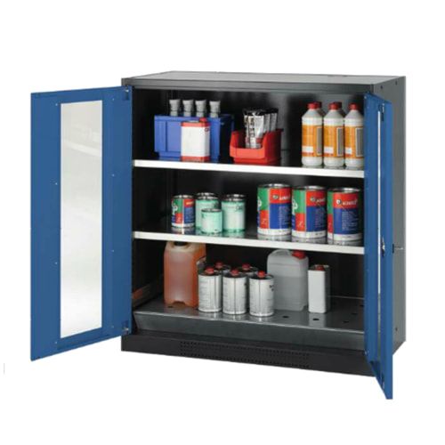 Chemikalienschrank - Falttüren, enzianblau - 2 Fachböden - 1.105 x 1.055 x 520 mm (HxBxT) - Stahl, pulverbeschichtet