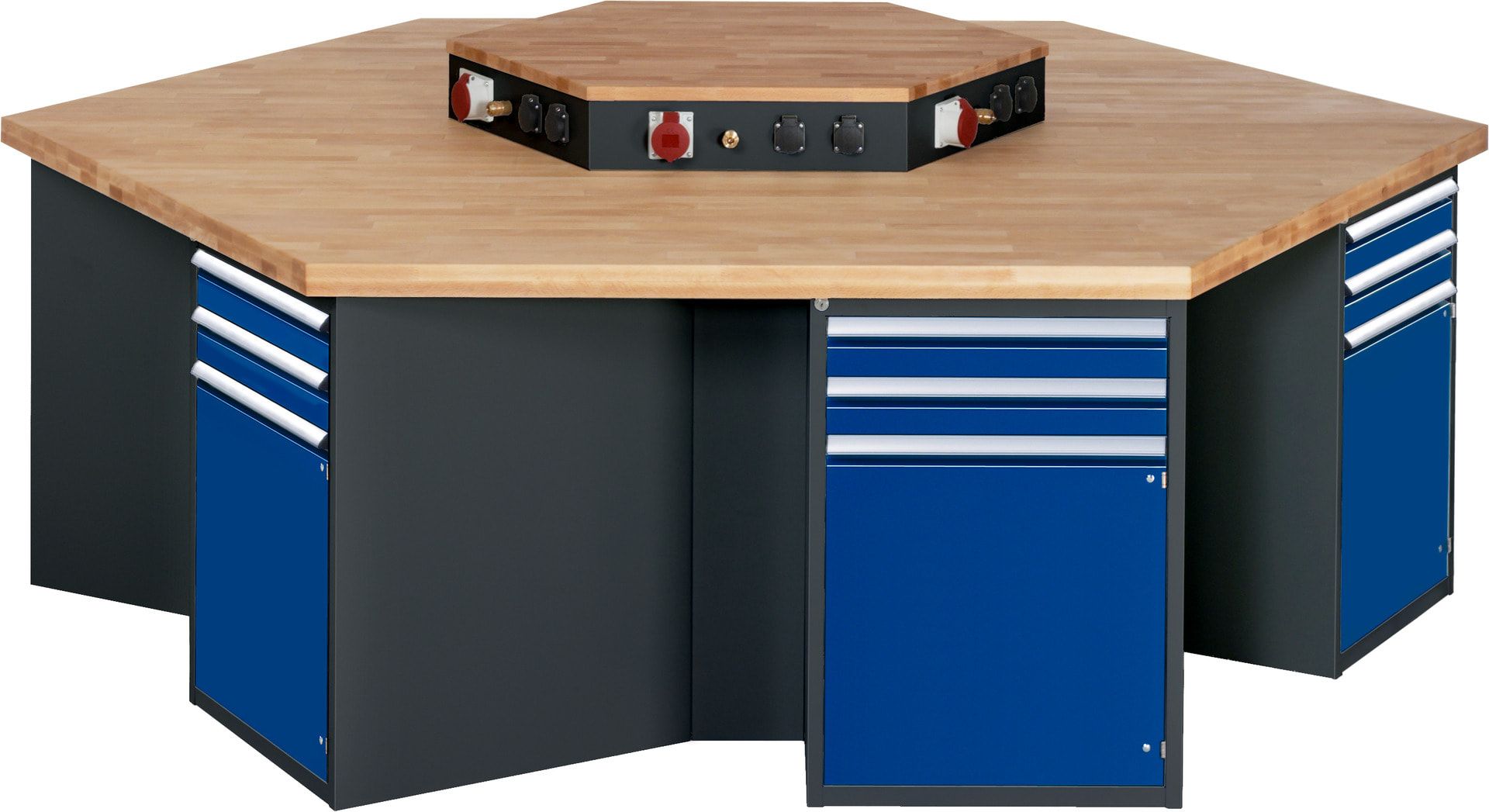 Gruppenwerkbank, Buche, Höhe 840 mm, mit Energieaufsatz, Unterbau-Container, 2 Schubladen, 1 Tür, 1 Boden - Anthrazitgrau