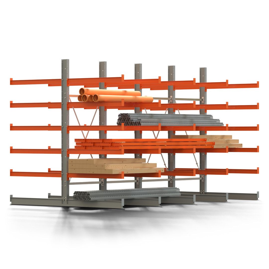 Doppelseitiges Kragarmregal, 2 Felder, 2.500 x 2.000 x 1.120 mm (HxBxT), Nutztiefe 500 mm, Kragarmlast 870 kg, KARL basic, silbergrau/reinorange