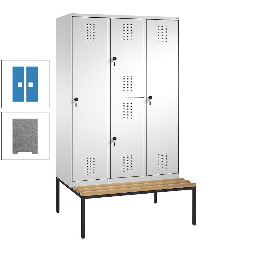 Garderobenschrank, Spind ein- und doppelstöckig Sitzbank, 3 Abteile, 4 Fächer, 2.090x1.200x500 mm (HxBxT), Front anthrazitgrau, Korpus anthrazitgrau