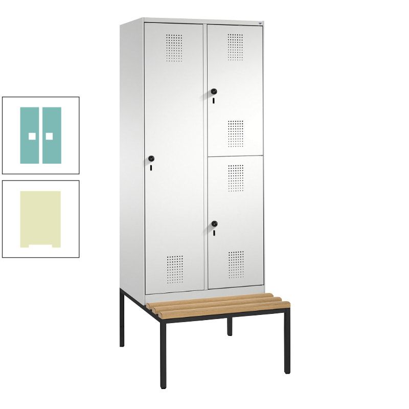 Garderobenschrank, Spind ein- und doppelstöckig Sitzbank, 2 Abteile, 3 Fächer, 2.090 x 800 x 500 mm (HxBxT), Front anthrazitgrau, Korpus anthrazitgrau