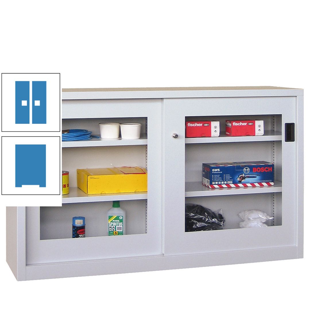 Schiebetürenschrank - Sichtfenstertüren - 1.000x1.500x600 mm (HxBxT) - 4 Böden, verzinkt - Zylinderschloss - anthrazitgrau