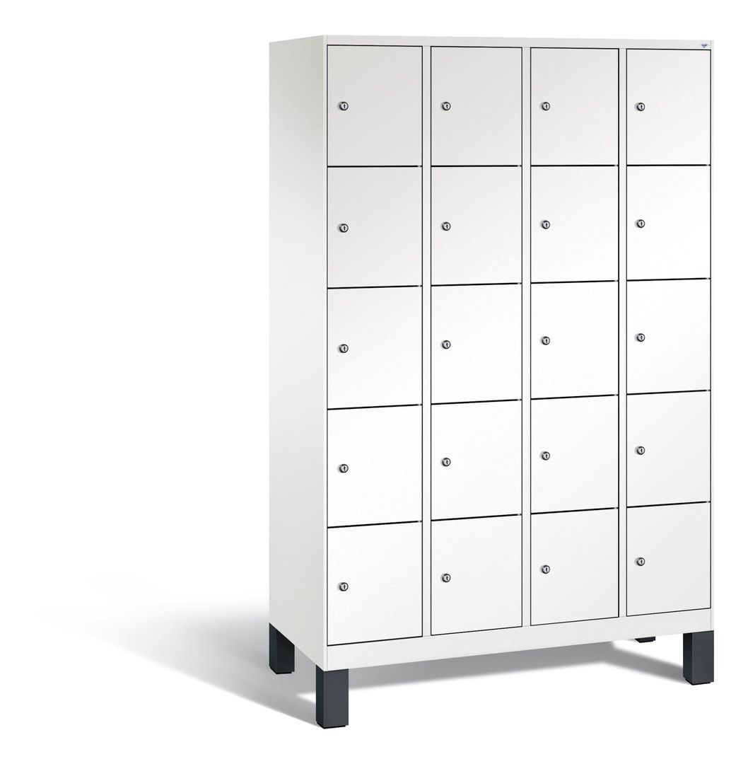 Garderobenschrank, Spindschrank auf Füßen, 4 Abteile, 20 Fächer, 1.850 x 1.200 x 500 mm (HxBxT), Dekorfront HPL Donau-Ahorn, Korpus anthrazitgrau
