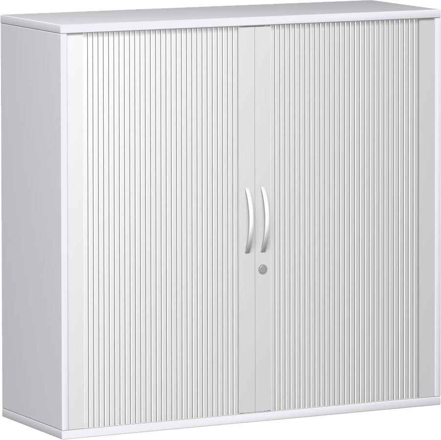 Querrollladenschrank, Dekoreinlageboden, Metallsockel/Standfüße, abschließbar, 1.152 x 1.000 x 425 mm (HxBxT), Korpusfarbe Ahorn, Frontfarbe silber