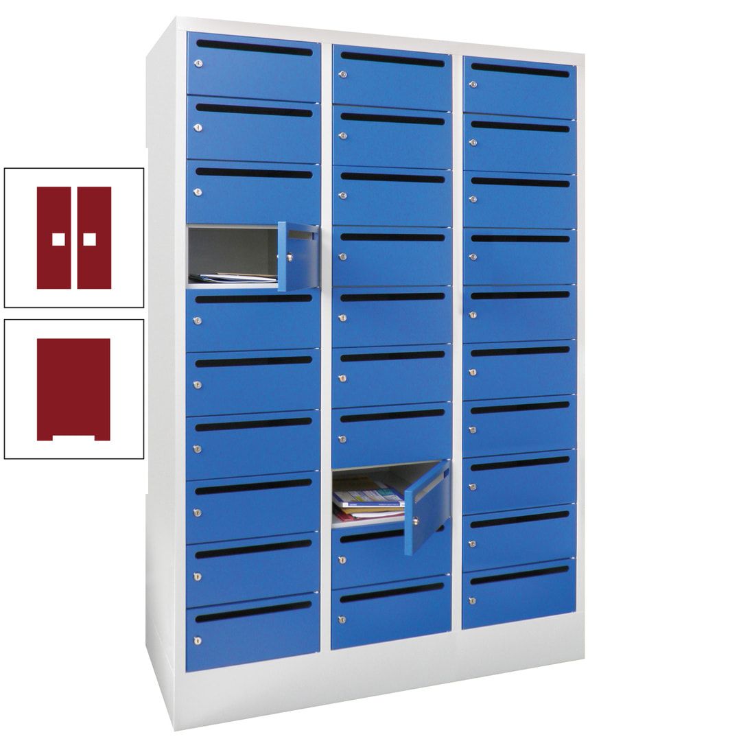Postverteilerschrank, Schließfachschrank, 3 Abteile a 300 mm, 30 Fächer, 1.850 x 900 x 500 mm (HxBxT), Korpus anthrazitgrau, Front anthrazitgrau