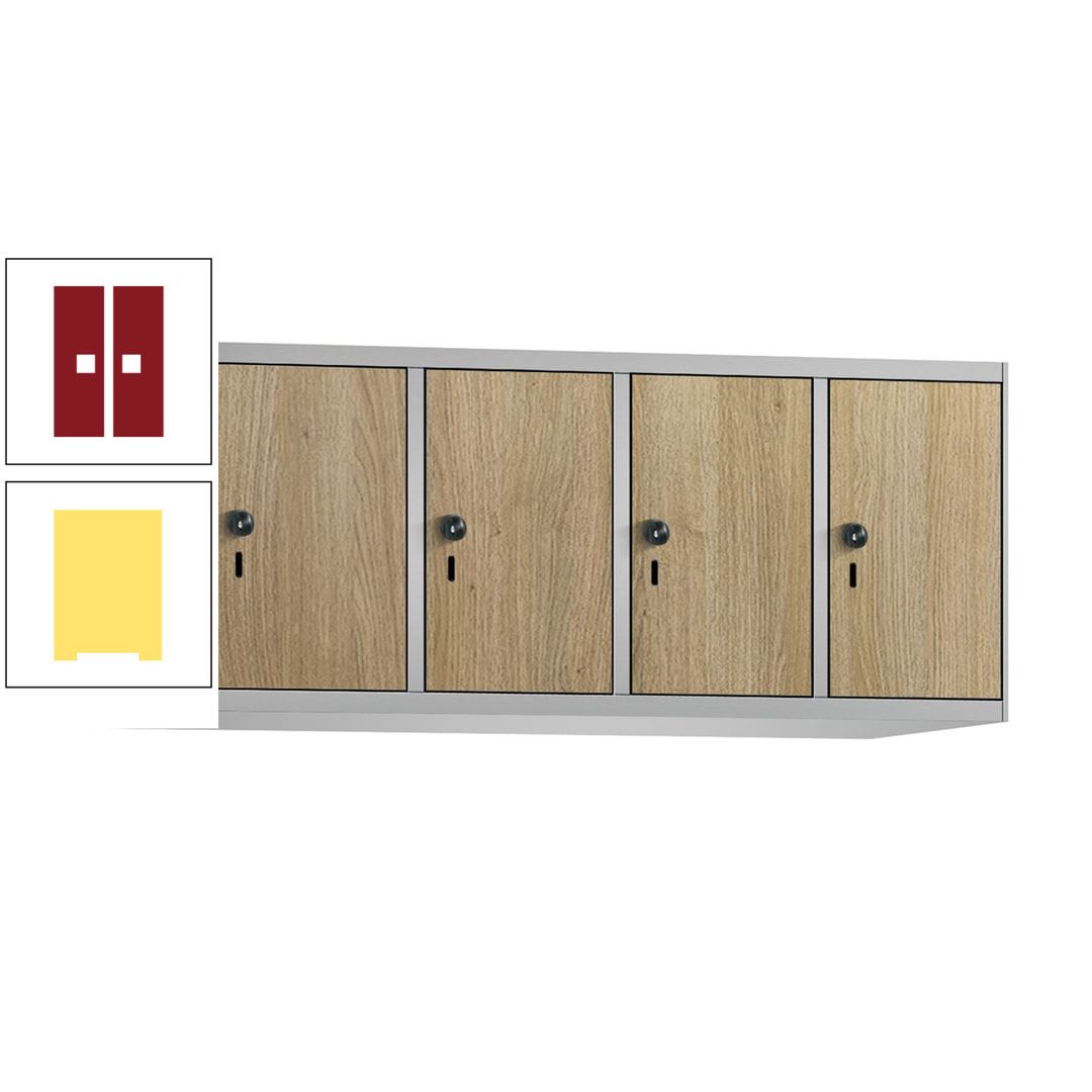 Aufsatzschrank, Schrankaufsatz, 4 Fächer a 300 mm, Farbe Pastellgelb, Tür anthrazitgrau, 500 x 1.200 x 500 mm (HxBxT)