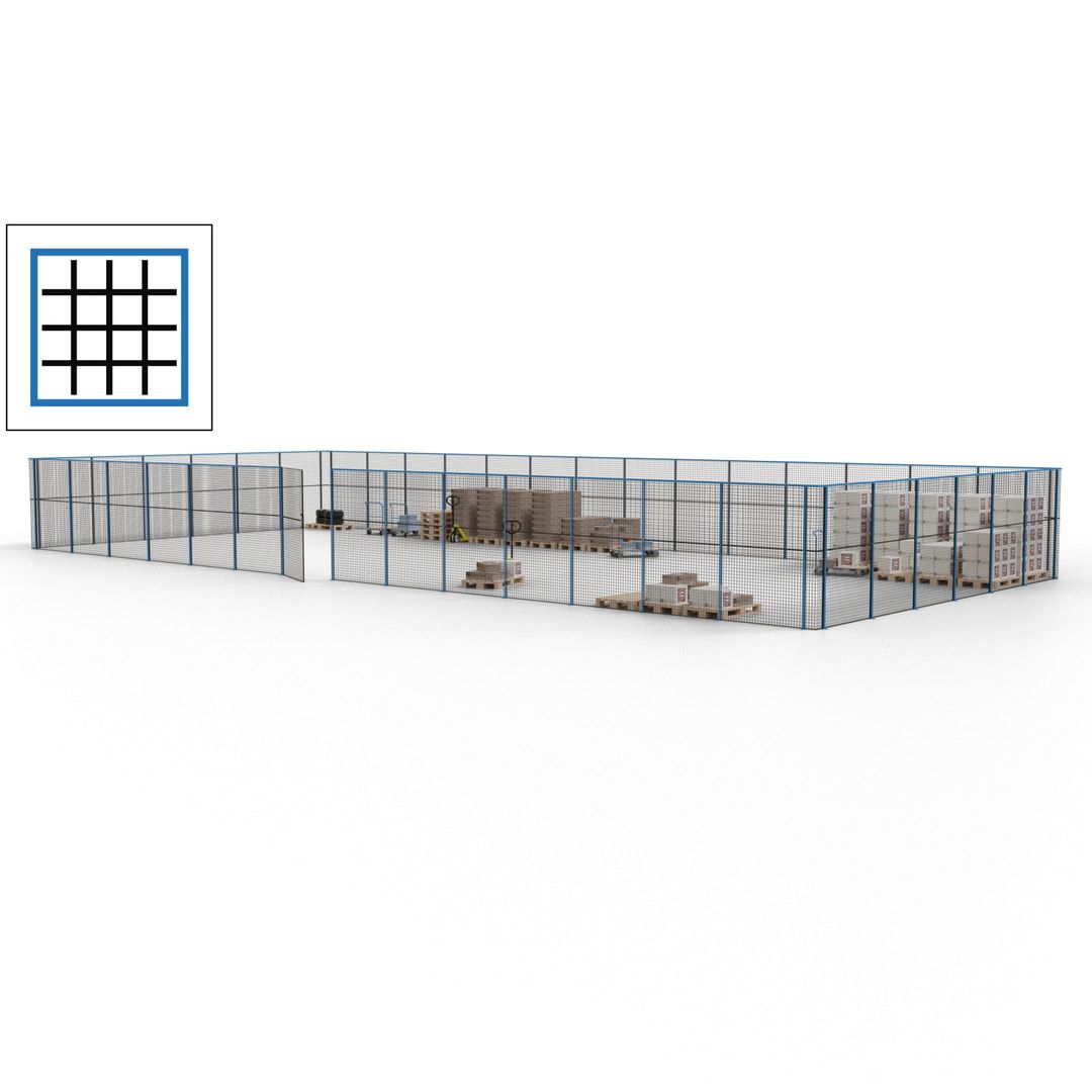 Maschinen Schutzgitter - Hallentrennwand - Sicherheitszaun - Tür - 60 m - 2.200 x 21.400 x 9.400 mm (HxBxT) - enzianblau