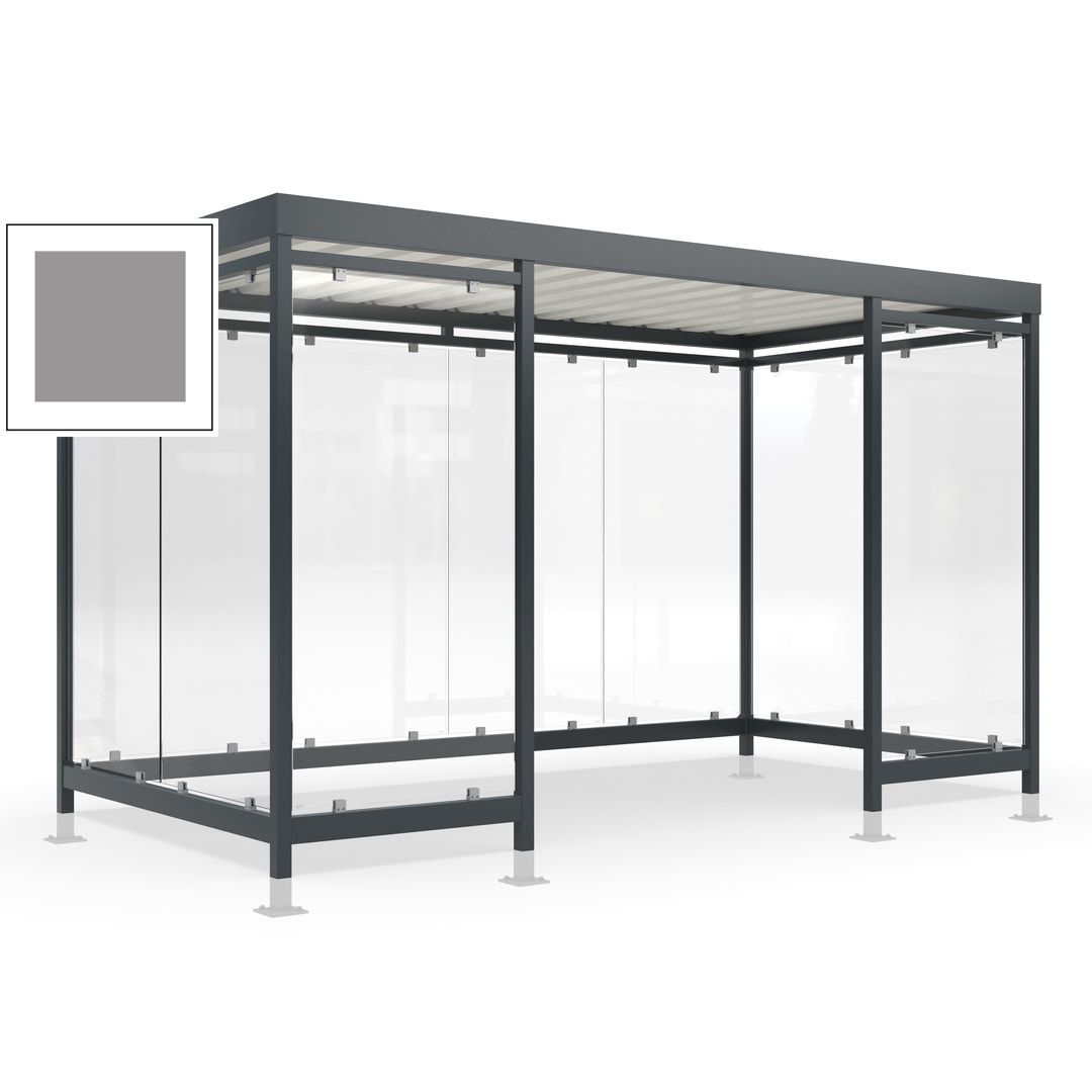 Raucherunterstand für 12-13 Personen, Bushaltestelle, mit Überpflasterung, 2.440 x 4.195 x 2.165 mm (HxBxT), 10 Wände, Achatgrau
