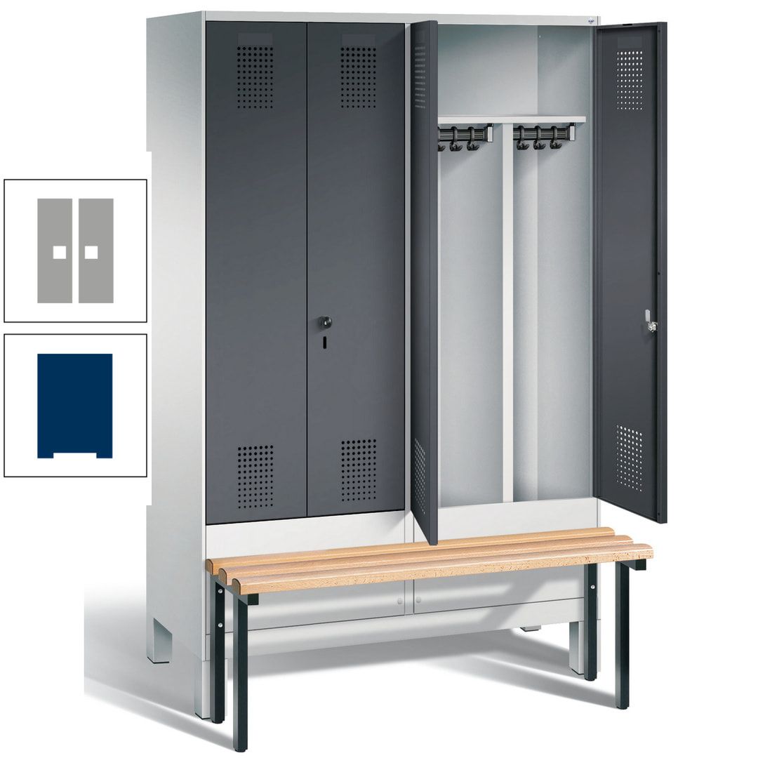 Doppel-Spind, Garderobenschrank, Buche Sitzbank vorgebaut, 4 Abteile a 300 mm, Korpus feuerrot, Tür Wasserblau, 1.850 x 1.200 x 815 mm (HxBxT)