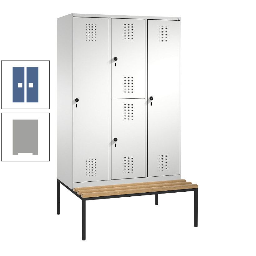 Garderobenschrank, Spind ein- und doppelstöckig Sitzbank, 3 Abteile, 4 Fächer, 2.090x1.200x500 mm (HxBxT), Front anthrazitgrau, Korpus anthrazitgrau