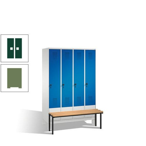 Stahl-Garderobenschrank, Spind, Buche Sitzbank vorgebaut, 4 Abteile a 300 mm, Korpus Lichtgrün, Tür Schwefelgelb, 1.850 x 1.200 x 815 mm (HxBxT)