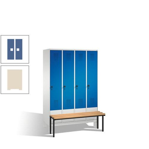 Stahl-Garderobenschrank, Spind, Buche Sitzbank vorgebaut, 4 Abteile a 300 mm, Korpus Lichtgrün, Tür Schwefelgelb, 1.850 x 1.200 x 815 mm (HxBxT)
