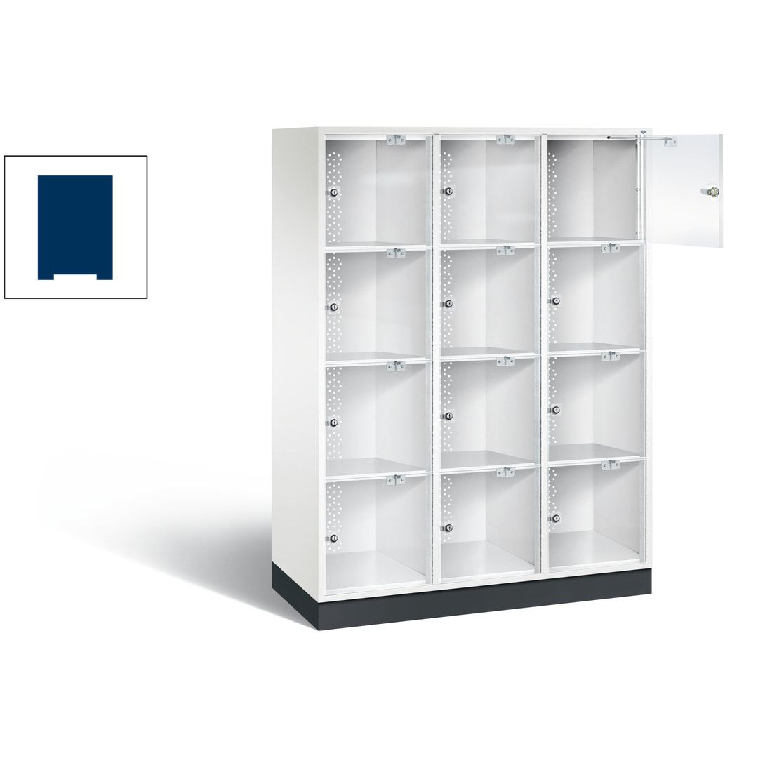 Schließfachschrank, Fächerschrank mit Türen aus Acrylglas, 3 Abteile, 12 Fächer, Zylinderschloss, 1.750 x 1.220 x 500 mm (HxBxT), Korpus anthrazitgrau