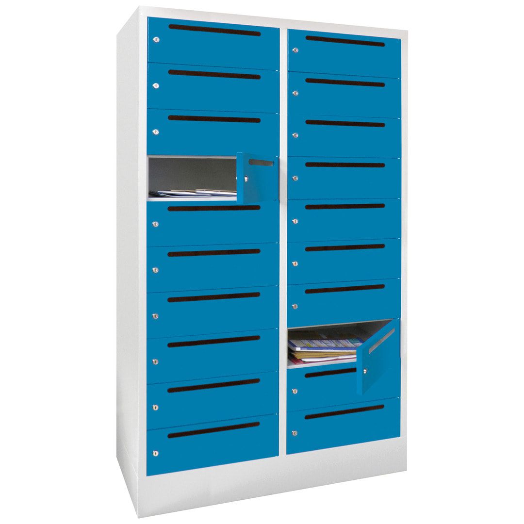 Postverteilerschrank, Schließfachschrank, 2 Abteile a 400 mm, 20 Fächer, 1.850 x 800 x 500 mm (HxBxT), Korpus anthrazitgrau, Front anthrazitgrau