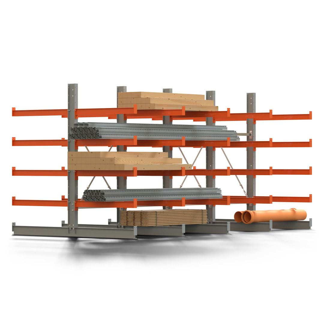 Doppelseitiges Kragarmregal, 2 Felder, 2.000 x 2.000 x 1.120 mm (HxBxT), Nutztiefe 500 mm, Kragarmlast 870 kg, KARL basic, silbergrau/reinorange