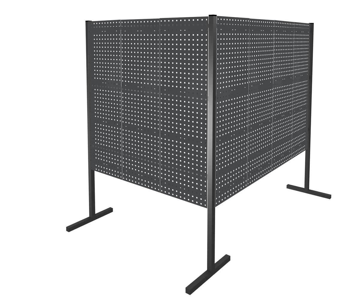 Modulare Trennwand, Werkzeugwand, Doppelfeld 90 Grad, 4 Lochplatten, Plattenhöhe 1.500 mm, 2.000 x 1.000 x 1.000 mm (HxBxT), Anthrazitgrau (RAL 7016)