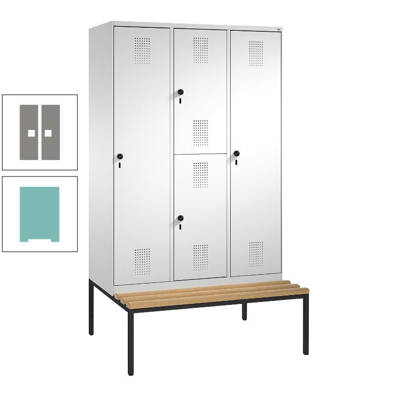 Garderobenschrank, Spind ein- und doppelstöckig Sitzbank, 3 Abteile, 4 Fächer, 2.090x1.200x500 mm (HxBxT), Front anthrazitgrau, Korpus anthrazitgrau