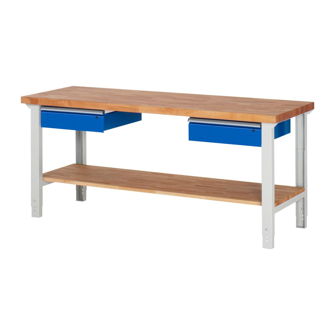 Werkbank mit Ablage - 2 Schubladen - 150:2 - höhenverstellbar 790 - 1.140 mm - 2.000 x 700 mm (BxT) - 750 kg - Buche - Anthrazitgrau