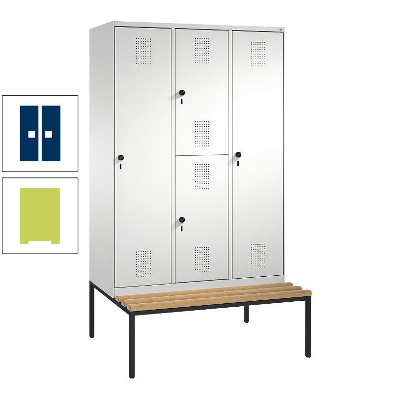 Garderobenschrank, Spind ein- und doppelstöckig Sitzbank, 3 Abteile, 4 Fächer, 2.090x1.200x500 mm (HxBxT), Front anthrazitgrau, Korpus anthrazitgrau