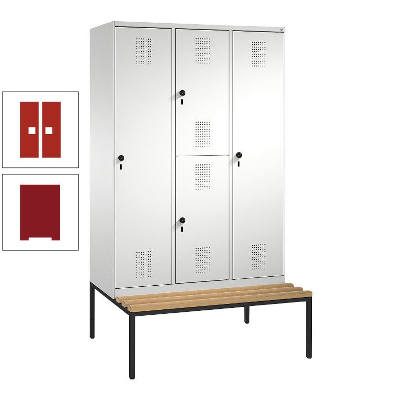 Garderobenschrank, Spind ein- und doppelstöckig Sitzbank, 3 Abteile, 4 Fächer, 2.090x1.200x500 mm (HxBxT), Front anthrazitgrau, Korpus anthrazitgrau