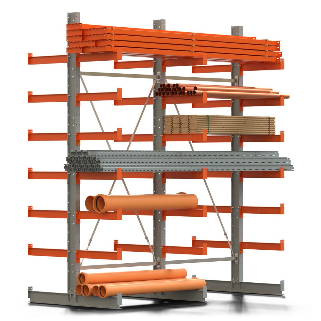 Doppelseitiges Kragarmregal, 2 Felder, 3.000 x 2.560 x 1.120 mm (HxBxT), Nutztiefe 500 mm, Kragarmlast 870 kg, KARL basic, silbergrau/reinorange