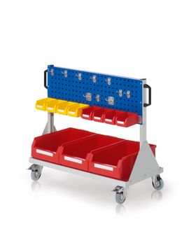 Mobiler Rollwagen wahlweise mit Set (10 Halter und 11 Sichtlagerkästen), Lochplatte, Werkzeugwand, 890 x 1.000 x 500 mm (HxBxT), Farbe wählbar