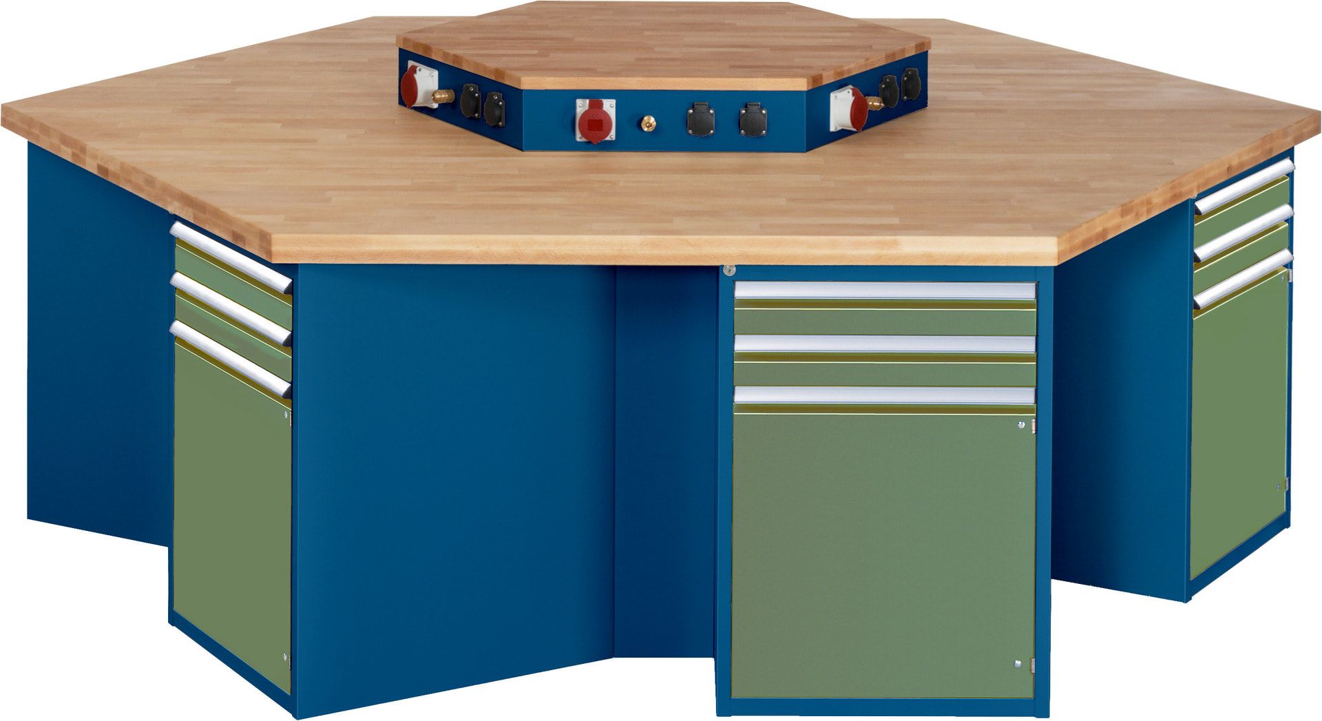 Gruppenwerkbank, Buche, Höhe 840 mm, mit Energieaufsatz, Unterbau-Container, 2 Schubladen, 1 Tür, 1 Boden - Anthrazitgrau