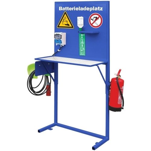 Eichinger Batterieladeplatz, Augenspülflasche, Fehlerstrom-Schutzeinrichtung, 2 Schuko-Steckdosen, pulverbeschichtet, Farbe anthrazitgrau (RAL 7016)