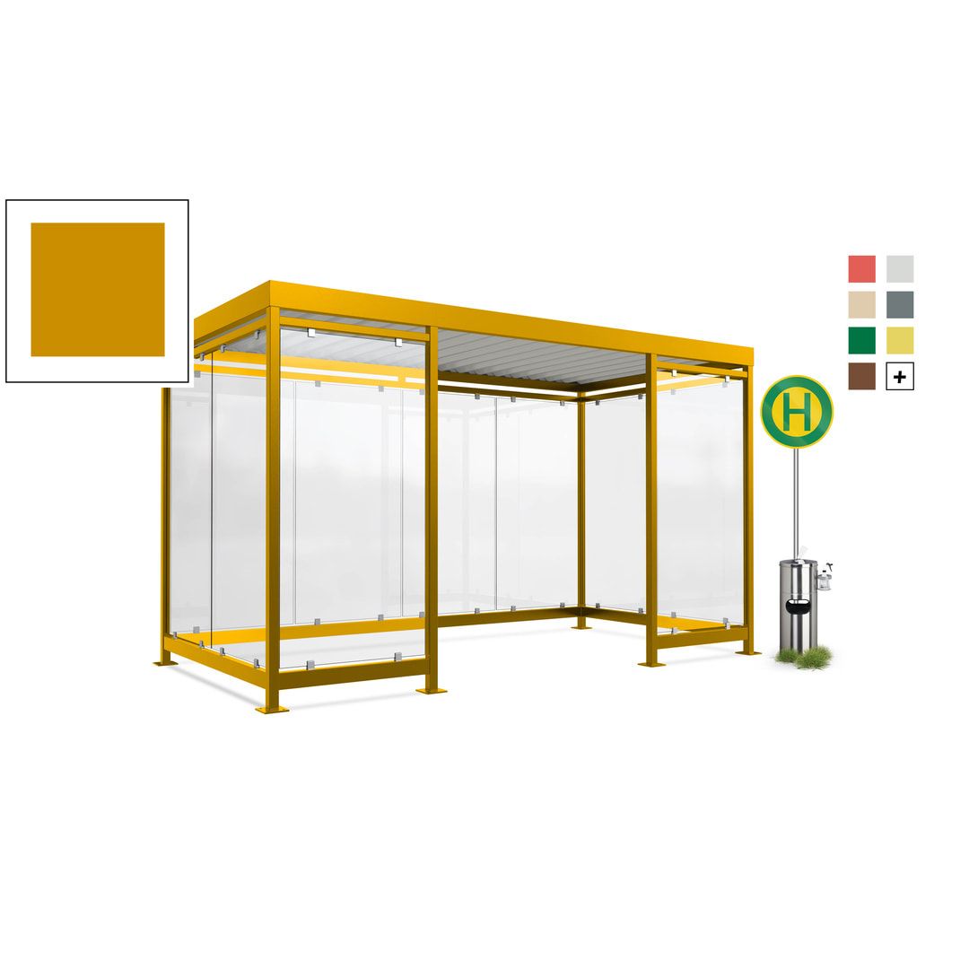 Fahrgastunterstand, Raucherunterstand, geschweißt, Aufdübeln, 12-13 Personen, 2.440 x 4.195 x 2.165 mm (HxBxT), 10 Wände, braunrot