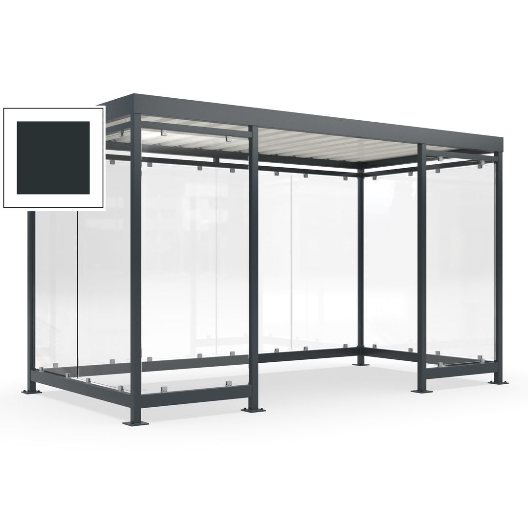 Fahrgastunterstand, Raucherunterstand, fertig montiert, Aufdübeln, 12-13 Personen, 2.510 x 4.195 x 2.165 mm (HxBxT), 10 Wände, Achatgrau