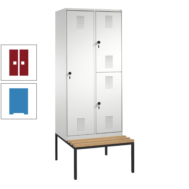 Garderobenschrank, Spind ein- und doppelstöckig Sitzbank, 2 Abteile, 3 Fächer, 2.090 x 800 x 500 mm (HxBxT), Front anthrazitgrau, Korpus anthrazitgrau