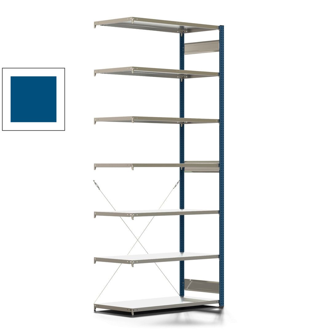 Fachbodenregal mit Tiefenriegel - 350 kg - 3.000 x 1.285 x 626 mm (HxBxT) - Anbauregal - 7 Böden - enzianblau - Lagerregal - Steckregal BERT