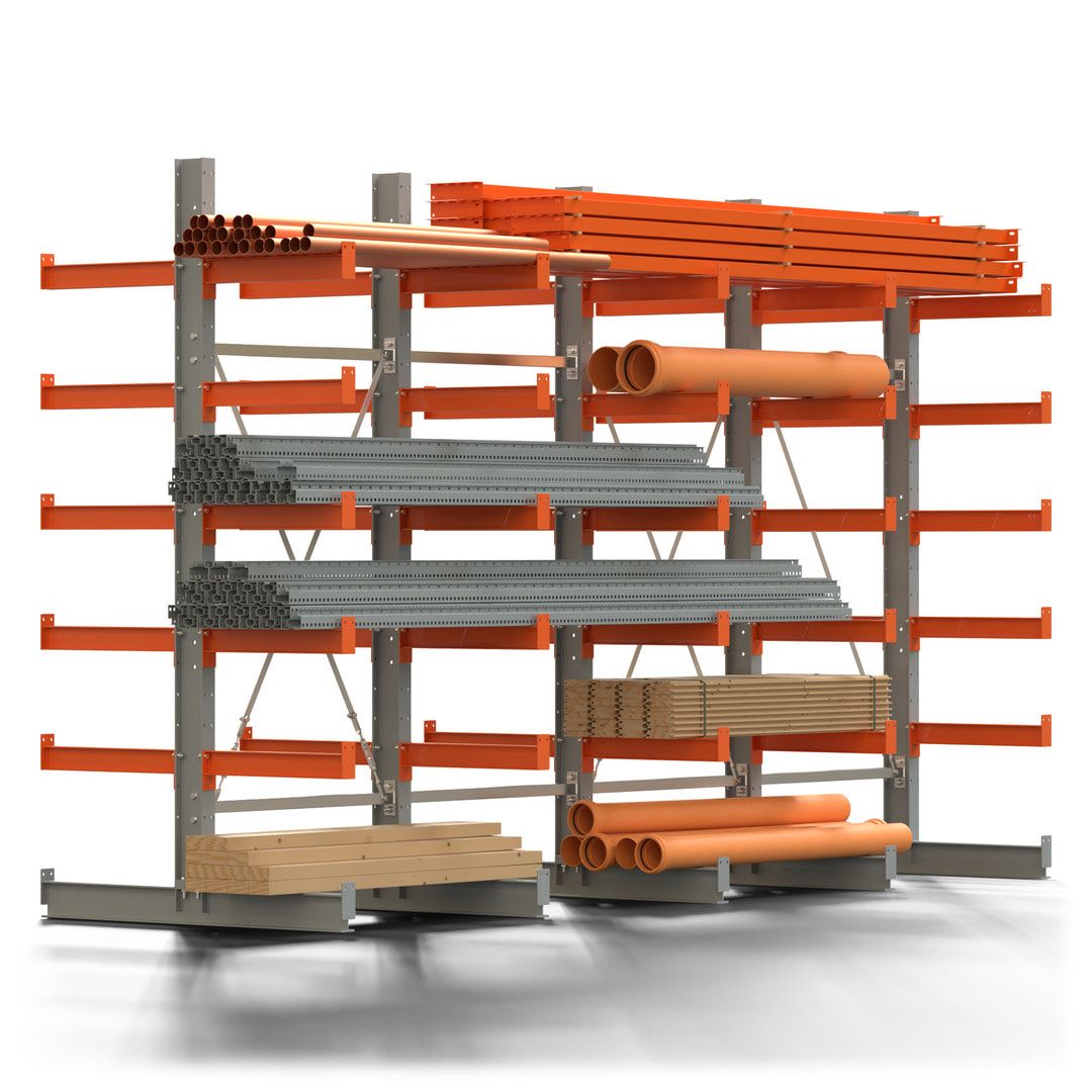 Doppelseitiges Kragarmregal, 2 Felder, 2.500 x 2.000 x 1.120 mm (HxBxT), Nutztiefe 500 mm, Kragarmlast 870 kg, KARL basic, silbergrau/reinorange