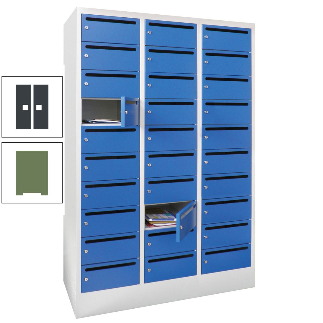 Postverteilerschrank, Schließfachschrank, 3 Abteile a 300 mm, 30 Fächer, 1.850 x 900 x 500 mm (HxBxT), Korpus anthrazitgrau, Front anthrazitgrau