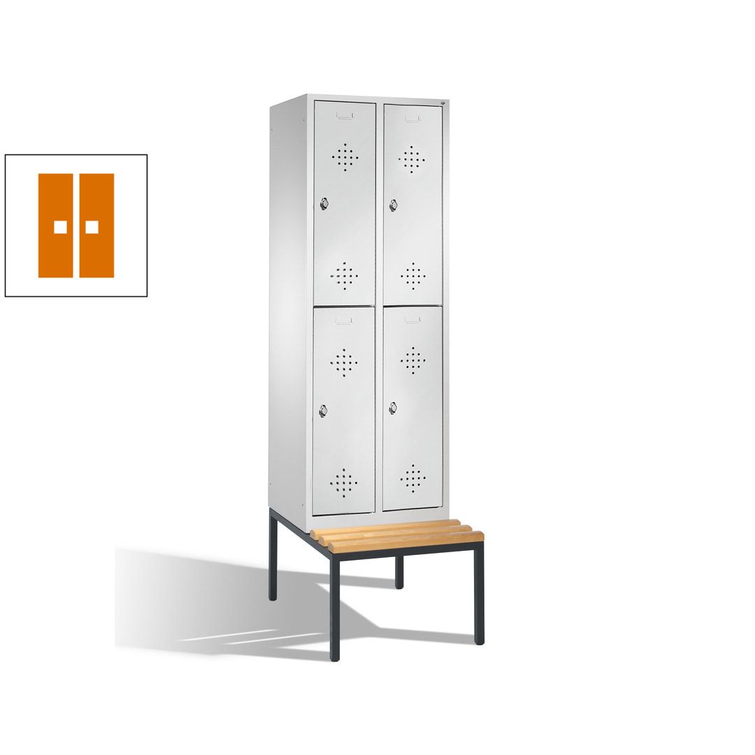 Garderobenschrank, Spind, 2 Abteile, 4 Fächer, 2.090 x 610 x 815 mm (HxBxT), Hartholz Sitzbank untergebaut, Korpus weißaluminium, Türen anthrazitgrau