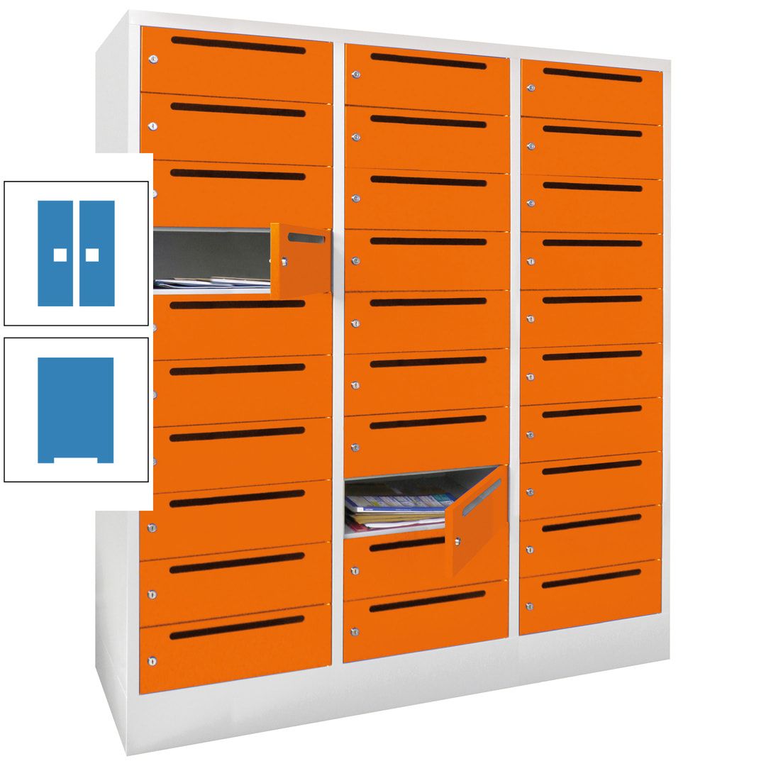 Postverteilerschrank, Schließfachschrank, 3 Abteile a 40 cm, 30 Fächer, 1.850 x 1.200 x 500 mm (HxBxT), Korpus anthrazitgrau, Front anthrazitgrau