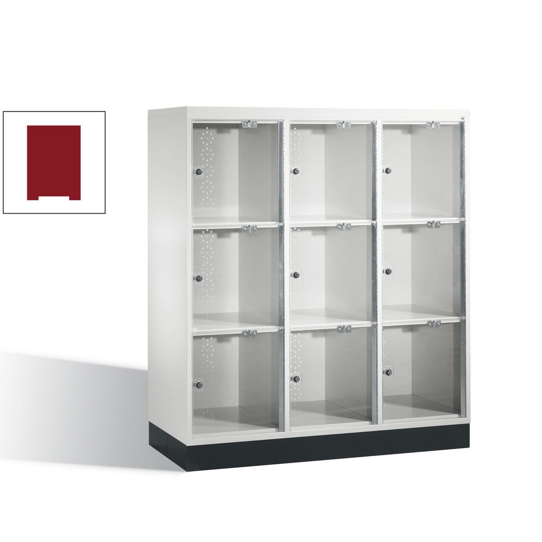 Schließfachschrank, Fächerschrank mit Türen aus Acrylglas, 3 Abteile, 9 Fächer, Zylinderschloss, 1.370 x 1.220 x 500 mm (HxBxT), Korpus anthrazitgrau