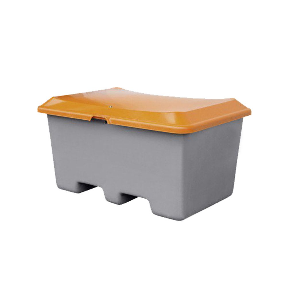Streugutbehälter für Streusalz, Futtermittel, mit Staplersockel (Einfahrtaschen), 400 l Volumen, 680 x 1.210 x 820 mm (HxBxT), grau/orange, aus GFK