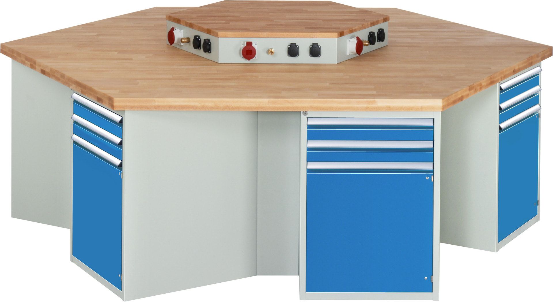 Gruppenwerkbank, Buche, Höhe 840 mm, mit Energieaufsatz, Unterbau-Container, 2 Schubladen, 1 Tür, 1 Boden - Anthrazitgrau