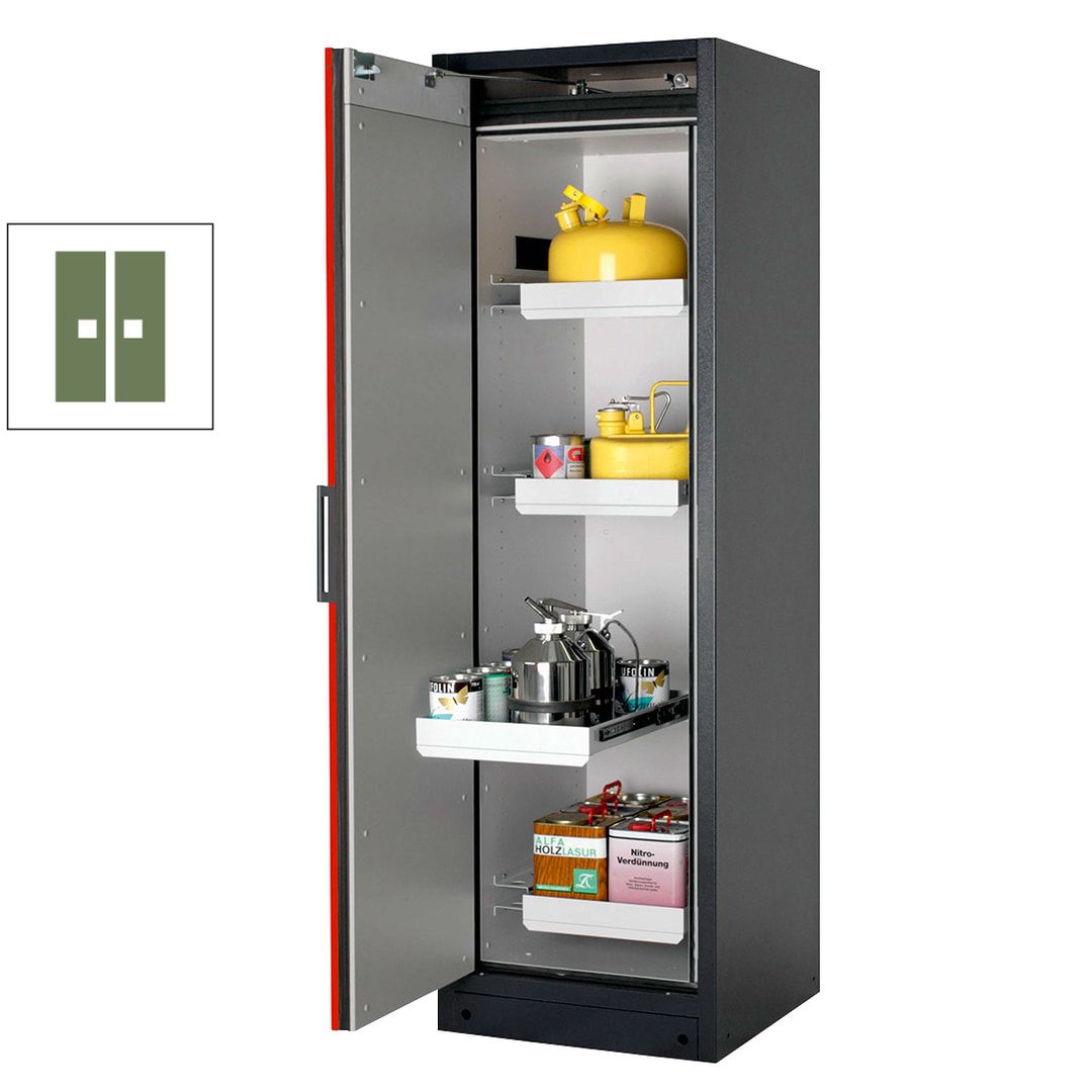 Gefahrstoffschrank - 2 x 0,6 x 0,6 m - 2 Auszugswannen - Edelstahl-Einrichtung - Türanschlag links - Front enzianblau