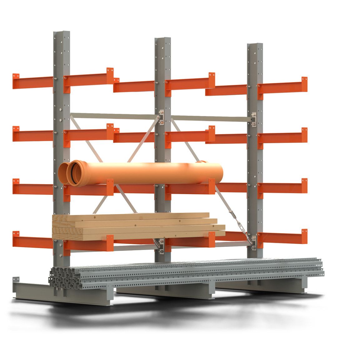 Doppelseitiges Kragarmregal, 2 Felder, 2.000 x 2.000 x 1.120 mm (HxBxT), Nutztiefe 500 mm, Kragarmlast 870 kg, KARL basic, silbergrau/reinorange