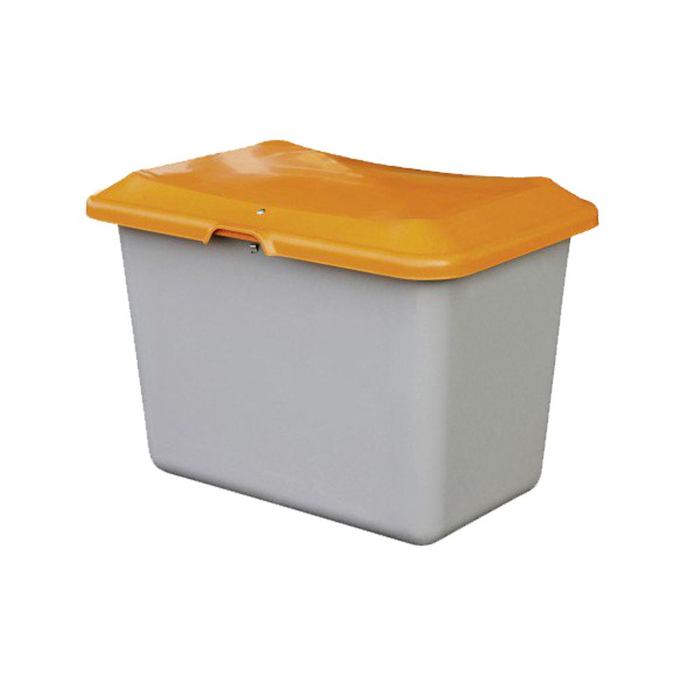 Streugutbehälter für Streusalz, Winterstreumittel, Futtermittel, 200 l Volumen, 640 x 890 x 600 mm (HxBxT), GFK, grau/orange