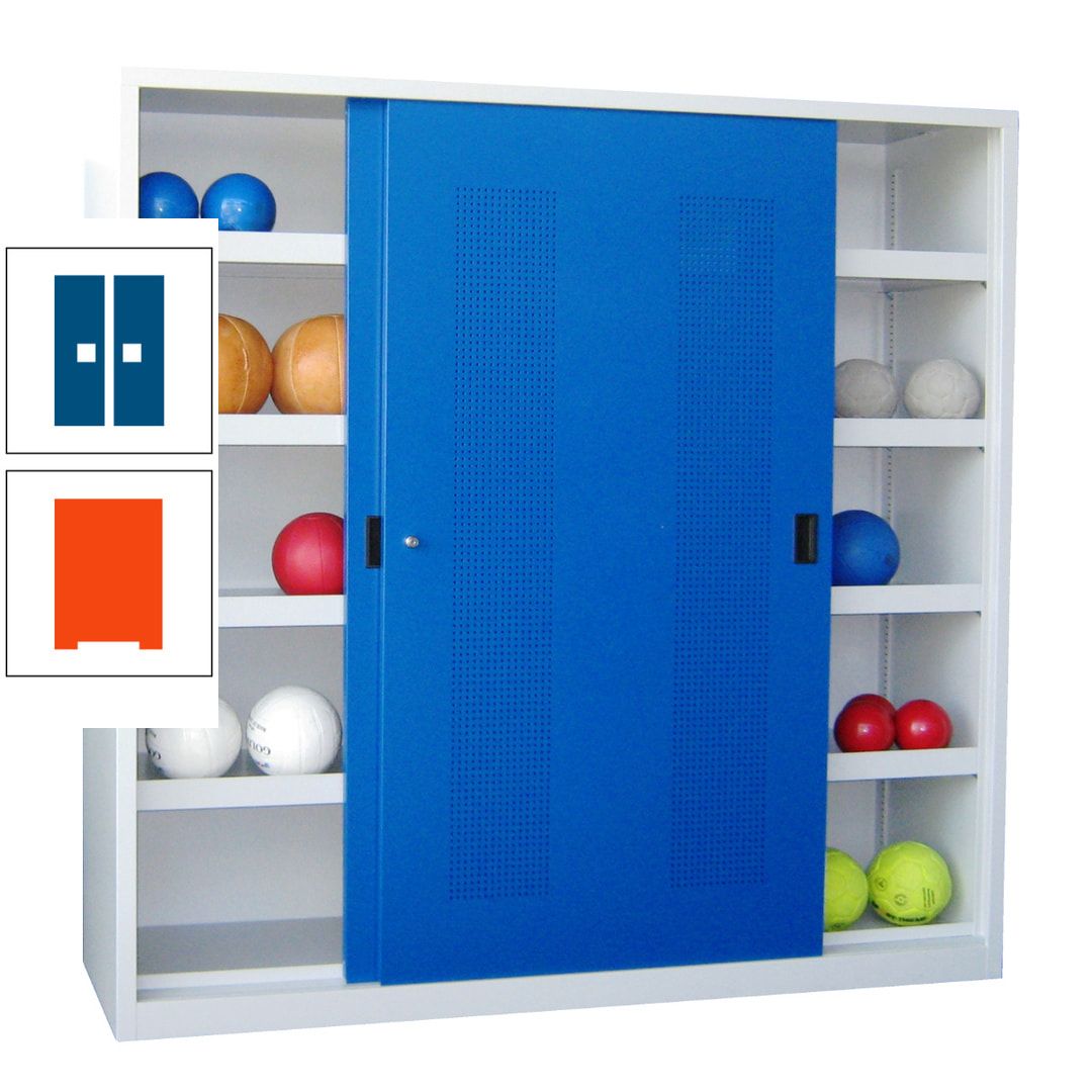 Ballschrank - Schiebetüren mit Lochfeld - Trennwand - 8 Böden - 1.950x2.000x600 mm (HxBxT) - anthrazitgrau