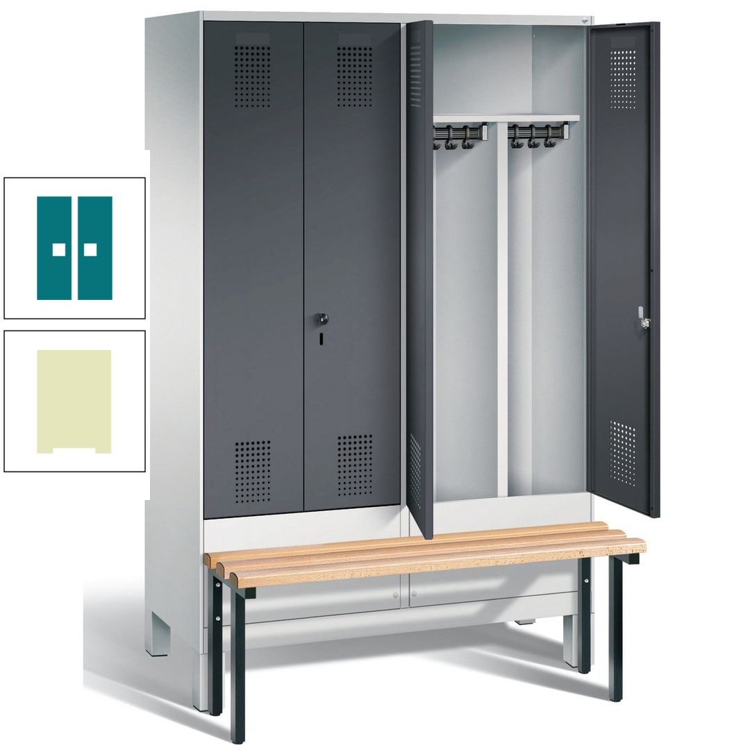 Doppel-Spind, Garderobenschrank, Buche Sitzbank vorgebaut, 4 Abteile a 300 mm, Korpus feuerrot, Tür Wasserblau, 1.850 x 1.200 x 815 mm (HxBxT)