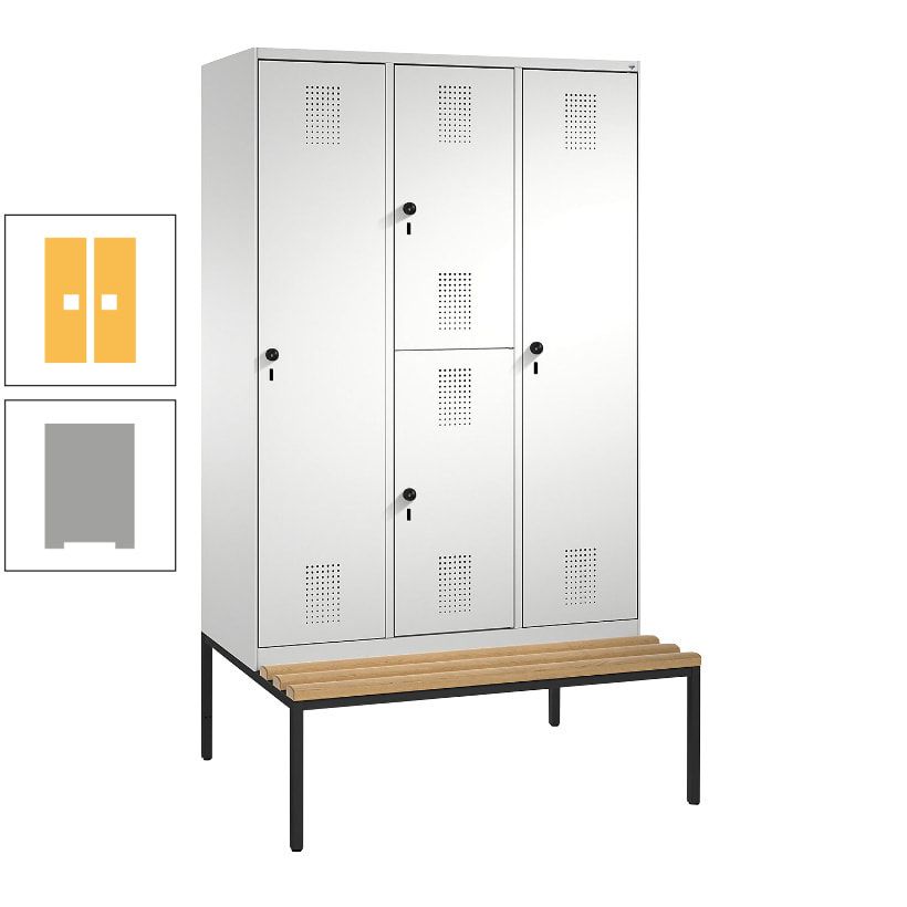 Garderobenschrank, Spind ein- und doppelstöckig Sitzbank, 3 Abteile, 4 Fächer, 2.090x1.200x500 mm (HxBxT), Front anthrazitgrau, Korpus anthrazitgrau